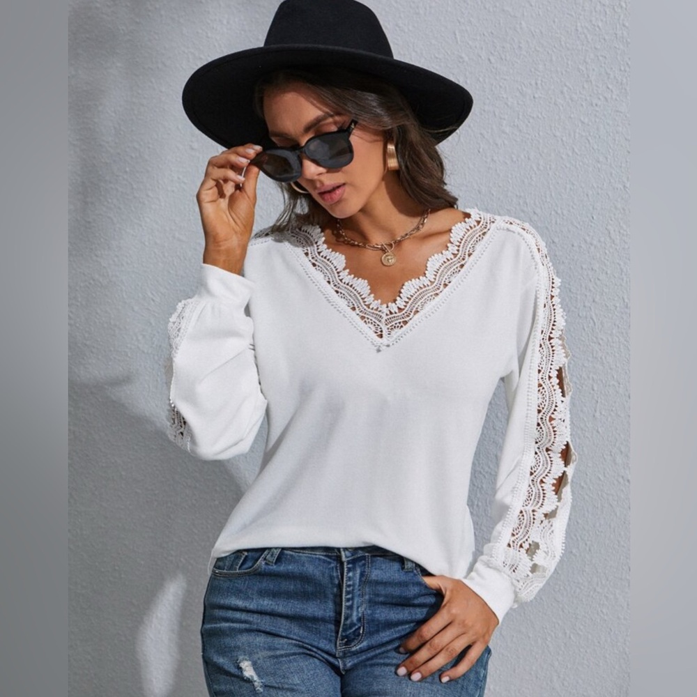 White Lace Trim V-Neck Women's Top - Picture 6 of 13